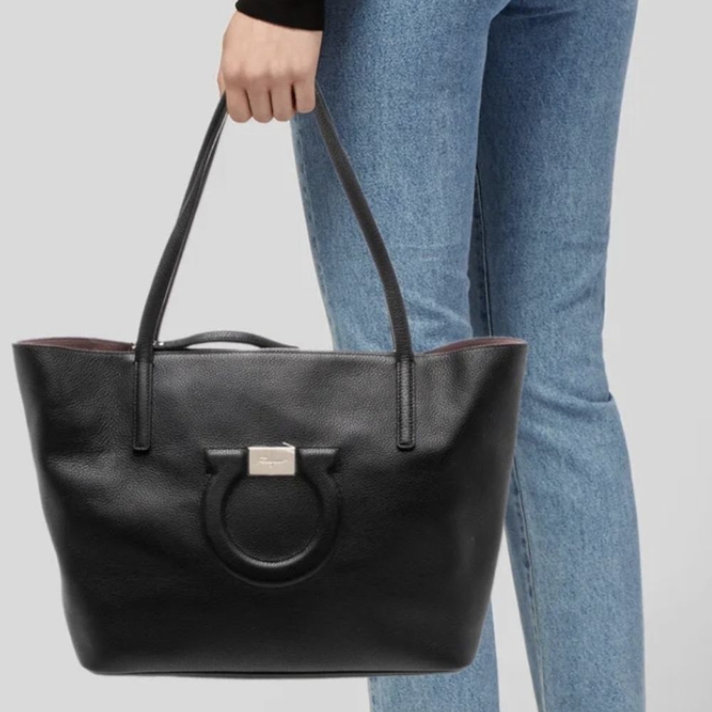 Salvatore Ferragamo Black Leather Tote with Signature Gancini Ring